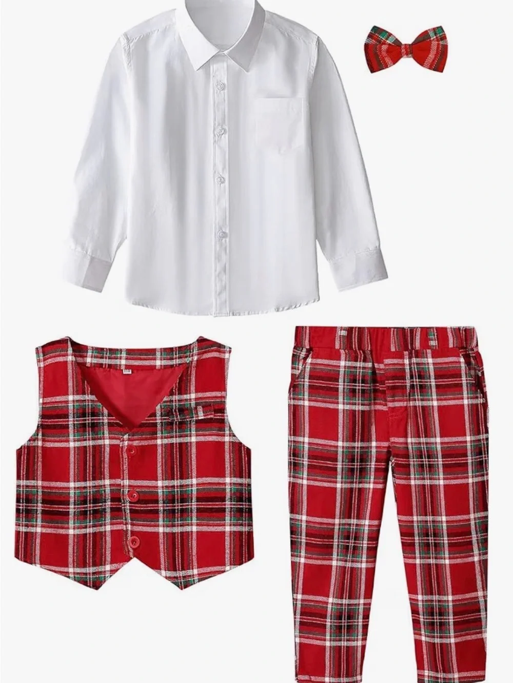 Classic Red Plaid Boys' Vest Set with Bow Tie and White Shirt 4-5Y